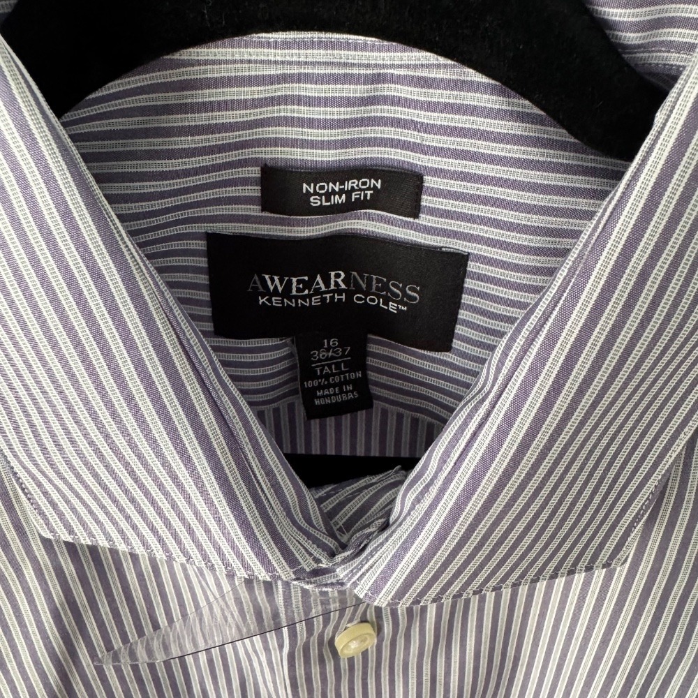 Awearness Kenneth Cole Non-Iron Slim Fit Striped Dress Shirt Tall 16 36/37 - Picture 3 of 6